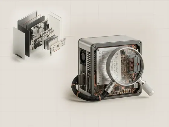 Thumbnail for Finding a device's hardware IDs: an aluminium loupe over the rear of a small, set beside an exploded isometric view of a generic (A clearer view of your computer)
