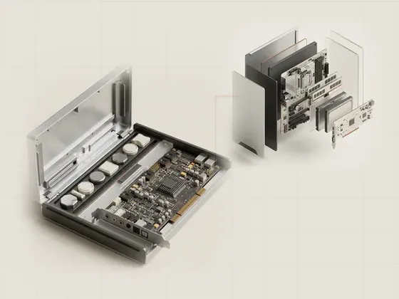 Thumbnail for Viewing driver file details: an open aluminium case revealing small machined file tokens, set beside an exploded isometric view of a generic (A clearer view of your computer)