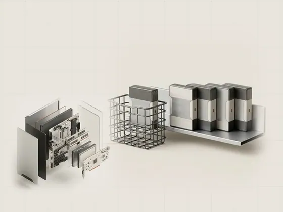 Thumbnail for Browsing Windows optional updates: a slim aluminium shelf of small sealed package boxes, set beside an exploded isometric view of a generic (A clearer view of your computer)