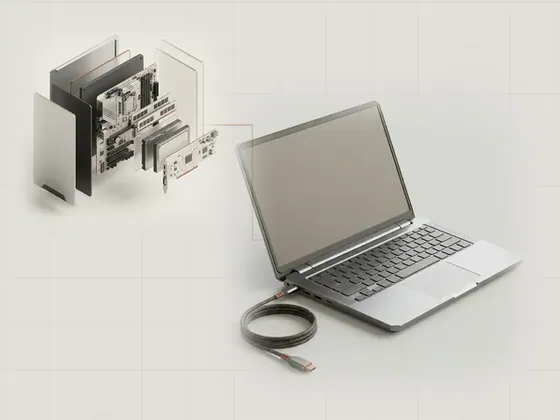Thumbnail for Laptops & portable computers: an open generic aluminium laptop at a three-quarter angle, set beside an exploded isometric view of a generic (A clearer view of your computer)