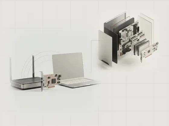 Thumbnail for Network & Wi-Fi connections: a generic wireless router with slim antennas beside a, set beside an exploded isometric view of a generic (A clearer view of your computer)