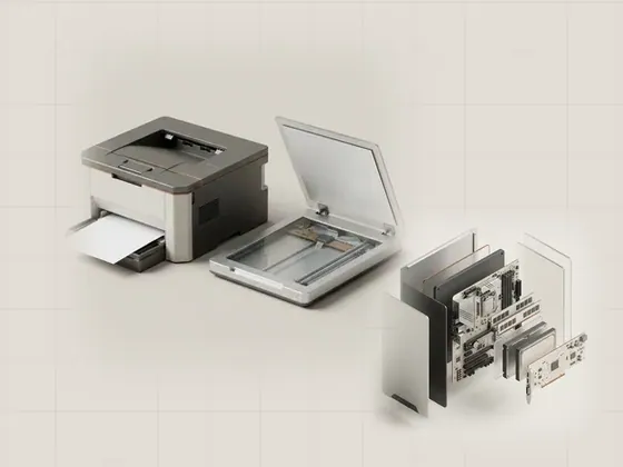 Thumbnail for Printers & scanners: a generic office laser printer and a slim flatbed, set beside an exploded isometric view of a generic (A clearer view of your computer)