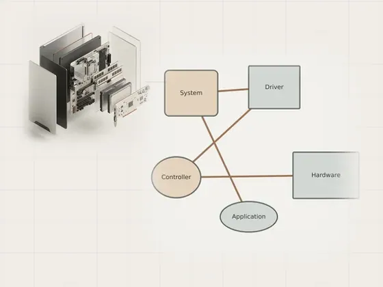 Thumbnail for Checking the drivers already installed: an unbranded relationship diagram explaining checking the drivers already, set beside an exploded isometric view of a generic (A clearer view of your computer)