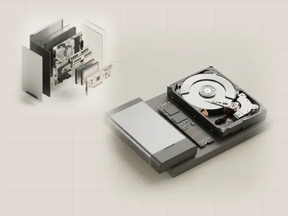 Thumbnail for Storage & data paths: an M.2 SSD, a 3.5-inch hard drive with its, set beside an exploded isometric view of a generic (A clearer view of your computer)