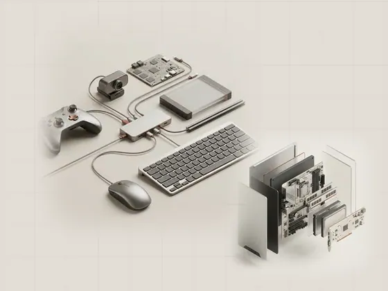Thumbnail for USB & everyday peripherals: a generic mouse, a low-profile keyboard, a webcam and, set beside an exploded isometric view of a generic (A clearer view of your computer)