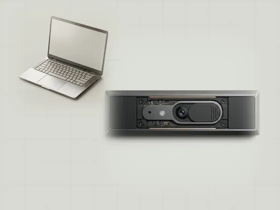 Thumbnail for Integrated cameras and permissions: the top bezel of a laptop lid with a, set beside an aluminium laptop seen from above with (Built-in laptop devices)