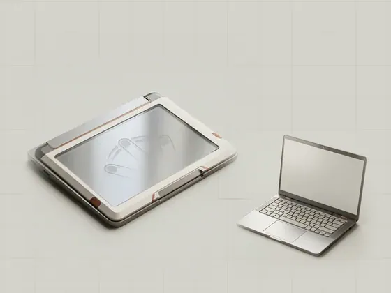 Thumbnail for Precision touchpad input: a close render of a glass laptop touchpad with, set beside an aluminium laptop seen from above with (Built-in laptop devices)