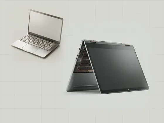Thumbnail for Laptop sensors and orientation: a convertible laptop folded into tent mode with hairline, set beside an aluminium laptop seen from above with (Built-in laptop devices)