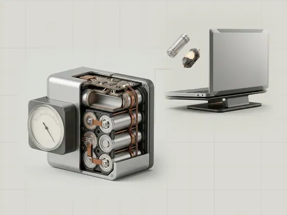 Thumbnail for How battery information is reported: a cutaway lithium battery pack revealing stacked cells, beside, set beside a closed aluminium laptop on a slim (Power, sleep and docking)