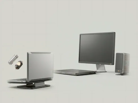 Thumbnail for Sleep states and device participation: a closed laptop beside a monitor and a speaker, set beside a closed aluminium laptop on a slim (Power, sleep and docking)