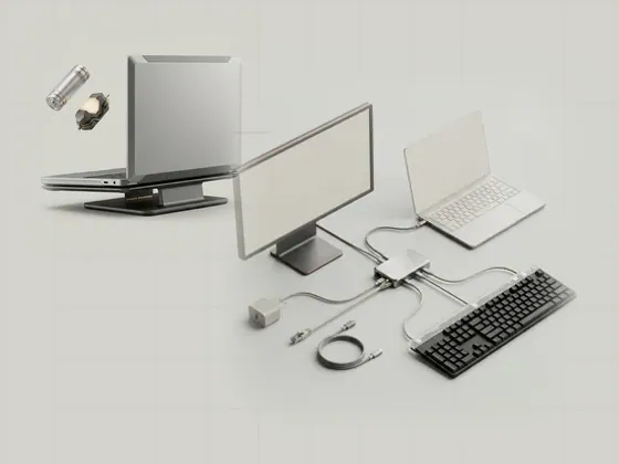 Thumbnail for USB-C docks and multiple functions: a compact aluminium USB-C dock with one cable to, set beside a closed aluminium laptop on a slim (Power, sleep and docking)