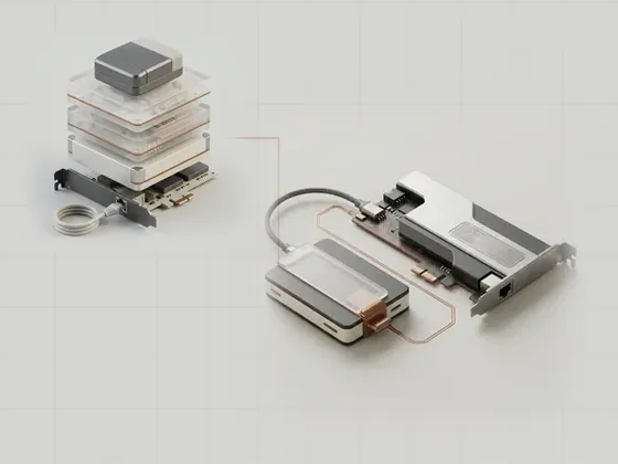 Thumbnail for Hardware addresses and IP addresses: a network card with an etched fixed metal tag, set beside a vertical stack of four frosted acrylic (Network adapters and protocol layers)