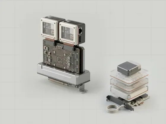 Thumbnail for Network interface layers in Windows: a network card seated in a machined aluminium middle, set beside a vertical stack of four frosted acrylic (Network adapters and protocol layers)
