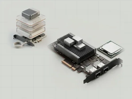 Thumbnail for Network offloads and shared work: a network card with small machined work blocks resting, set beside a vertical stack of four frosted acrylic (Network adapters and protocol layers)