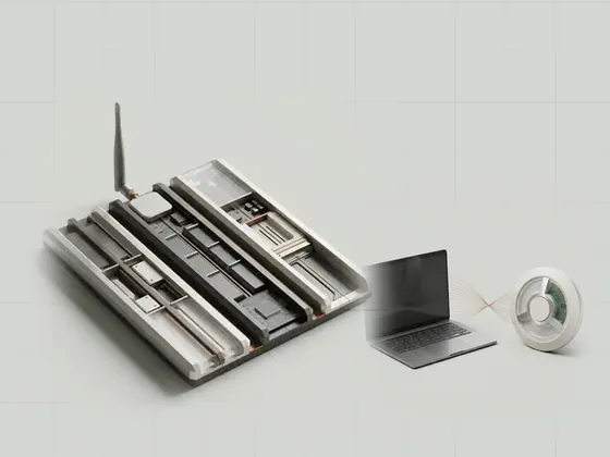 Thumbnail for Wireless bands and channels: three parallel machined lanes of different widths, each subdivided, set beside a laptop and a ceiling-style access point (Wireless capabilities and connection state)