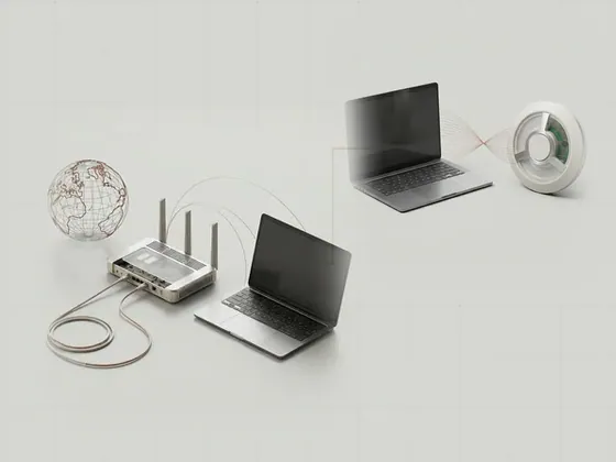 Thumbnail for Connected does not always mean online: a laptop linked to a router by hairline arcs, set beside a laptop and a ceiling-style access point (Wireless capabilities and connection state)