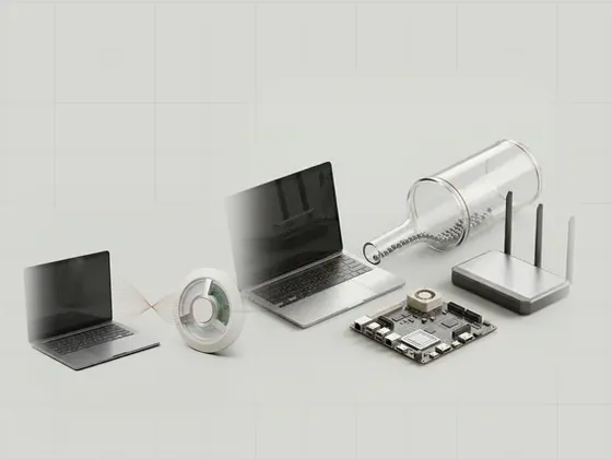 Thumbnail for Link rate versus useful throughput: a wide glass pipe narrowing into a smaller pipe, set beside a laptop and a ceiling-style access point (Wireless capabilities and connection state)