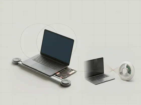 Thumbnail for Roaming between access points: a laptop on an aluminium rail between two access, set beside a laptop and a ceiling-style access point (Wireless capabilities and connection state)