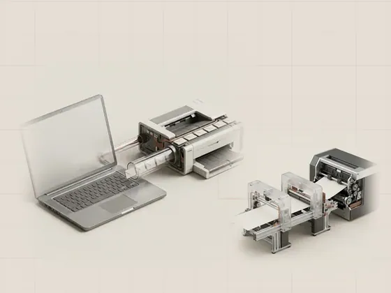 Thumbnail for Internet Printing Protocol: a laptop and a printer joined by a glass, set beside a blank sheet travelling through three frosted (From a document to a printed page)