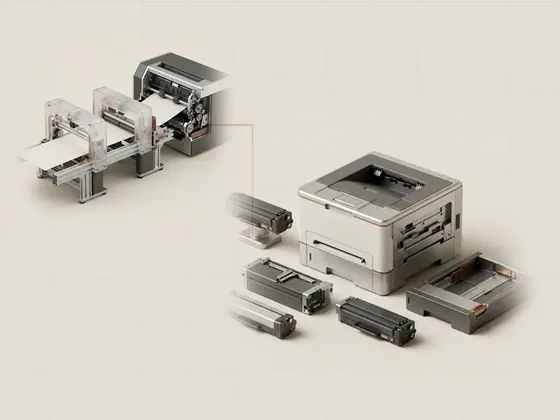 Thumbnail for Printer capabilities and defaults: a printer surrounded by machined option tokens: a paper, set beside a blank sheet travelling through three frosted (From a document to a printed page)