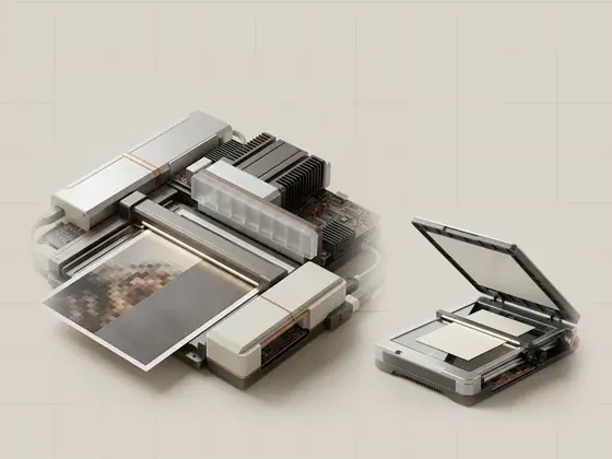 Thumbnail for Optical and interpolated resolution: a print under a scanner light bar, its left, set beside a flatbed scanner with lid raised, a (Scanning interfaces and image capture)