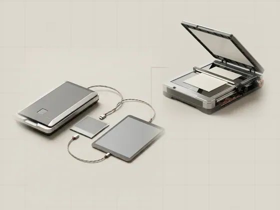 Thumbnail for TWAIN and acquisition applications: a scanner and a tablet showing a plain grey, set beside a flatbed scanner with lid raised, a (Scanning interfaces and image capture)