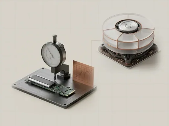 Thumbnail for Storage health information and limits: an SSD on a precision measuring plate beside a, set beside a hard drive platter rendered as stacked (Disks, volumes and file systems)