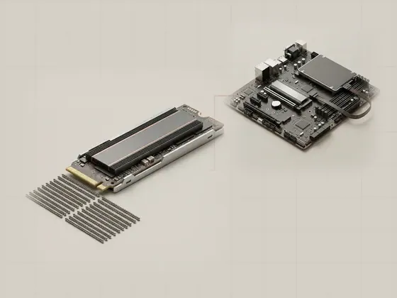 Thumbnail for NVMe and command queues: a slim M.2 NVMe SSD with many short parallel, set beside a motherboard with an M.2 SSD in (Storage interfaces and controllers)
