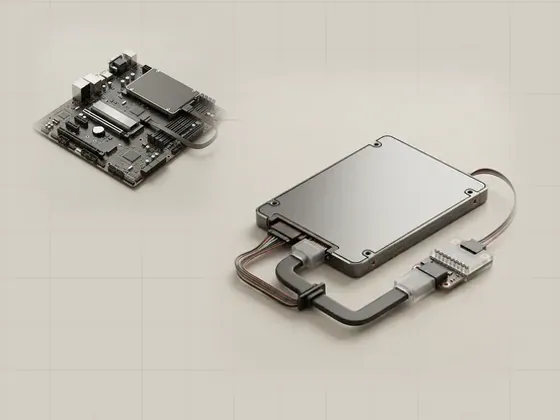 Thumbnail for SATA and the AHCI interface: a 2.5-inch SATA drive connected by an L-shaped data, set beside a motherboard with an M.2 SSD in (Storage interfaces and controllers)