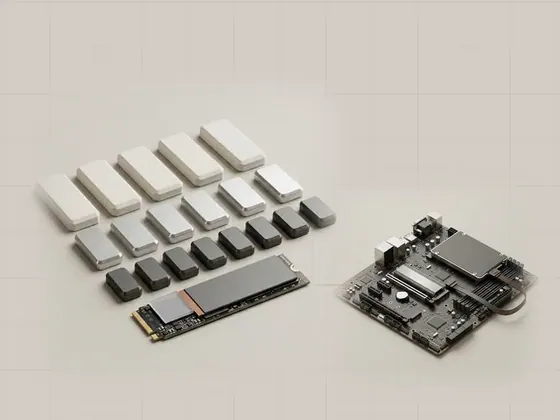 Thumbnail for Storage queue depth and workloads: an SSD in front of three rows of machined, set beside a motherboard with an M.2 SSD in (Storage interfaces and controllers)