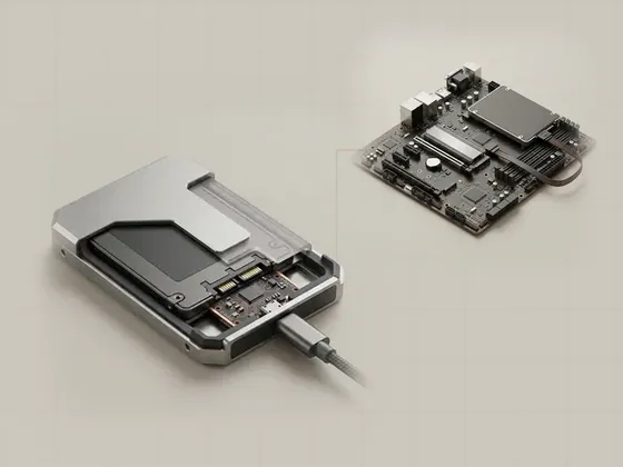 Thumbnail for Storage bridges inside enclosures: a cutaway aluminium external enclosure showing a drive inside, set beside a motherboard with an M.2 SSD in (Storage interfaces and controllers)