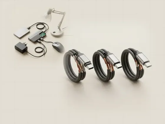 Thumbnail for USB cable capabilities and labels: three USB-C cables with identical connectors cut open to, set beside a USB hub with three cables of (USB cables, hubs and power)