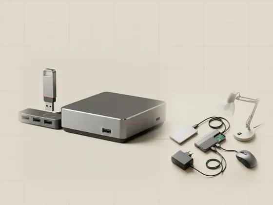 Thumbnail for USB connection and removal events: a USB flash drive lifted from a hub port, set beside a USB hub with three cables of (USB cables, hubs and power)
