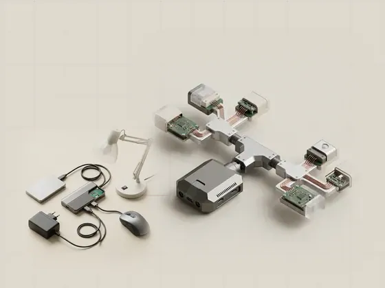 Thumbnail for USB hub topology and shared paths: an orthographic tree of aluminium hubs, one root hub, set beside a USB hub with three cables of (USB cables, hubs and power)