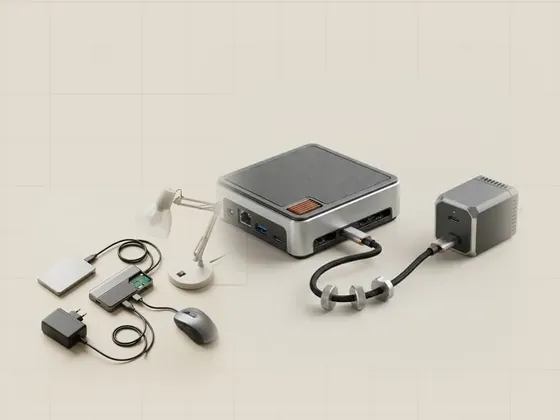 Thumbnail for USB power negotiation: a GaN charger and a small mini PC connected, set beside a USB hub with three cables of (USB cables, hubs and power)