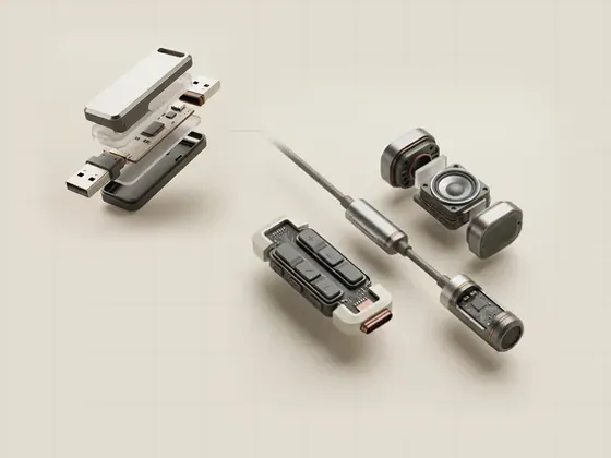 Thumbnail for Composite USB devices: a USB headset base exploded into a small speaker, set beside an exploded view of a USB peripheral (How USB describes a peripheral)