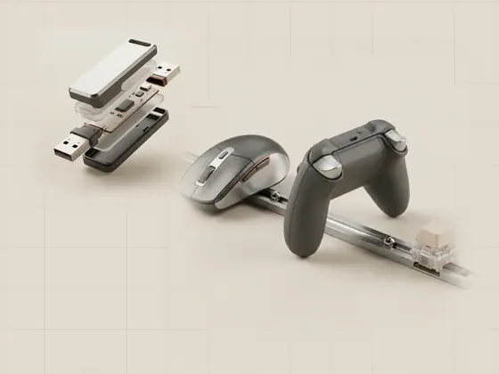 Thumbnail for Human Interface Device classes: a mouse, a gamepad and a single keyboard switch, set beside an exploded view of a USB peripheral (How USB describes a peripheral)