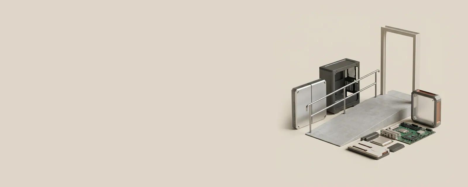 Studio render of a gentle concrete ramp with a brushed steel handrail leading to a wide doorway
