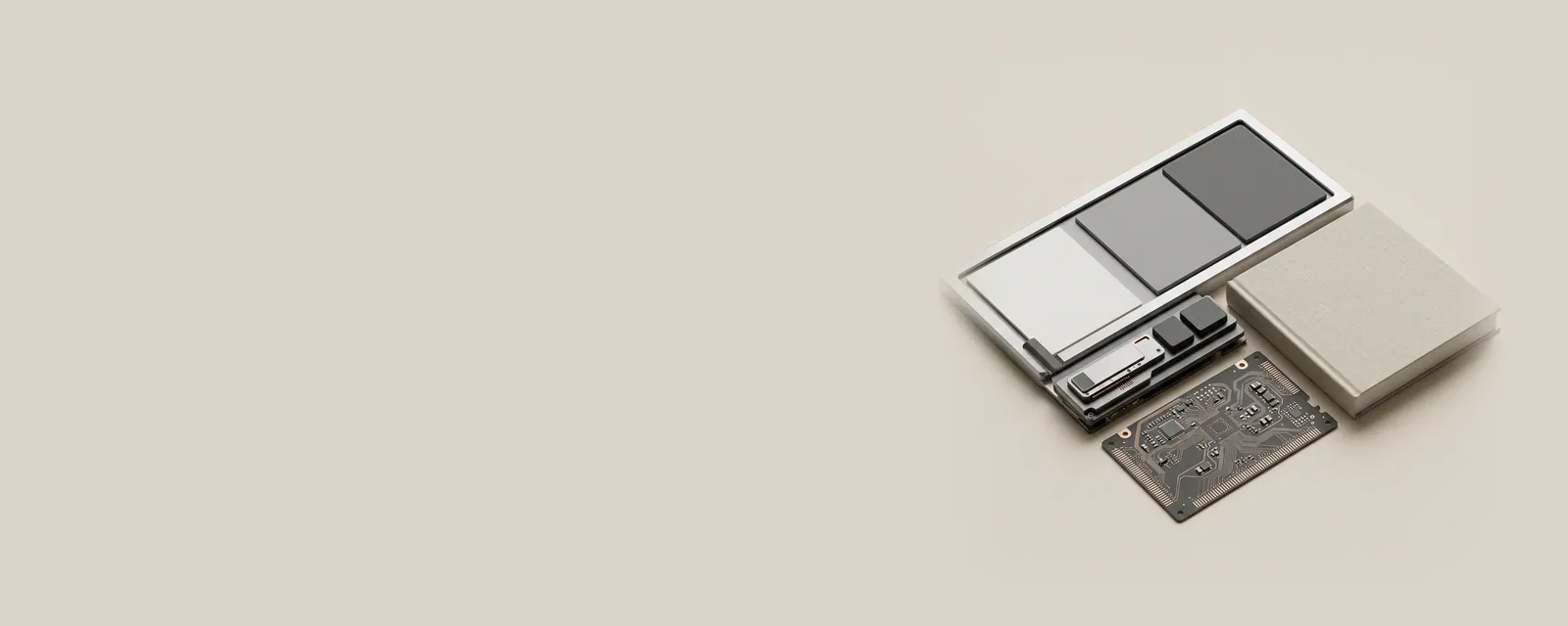 Studio render of a slim aluminium display frame holding blank matte cards, kept separate from a hardback book beside it