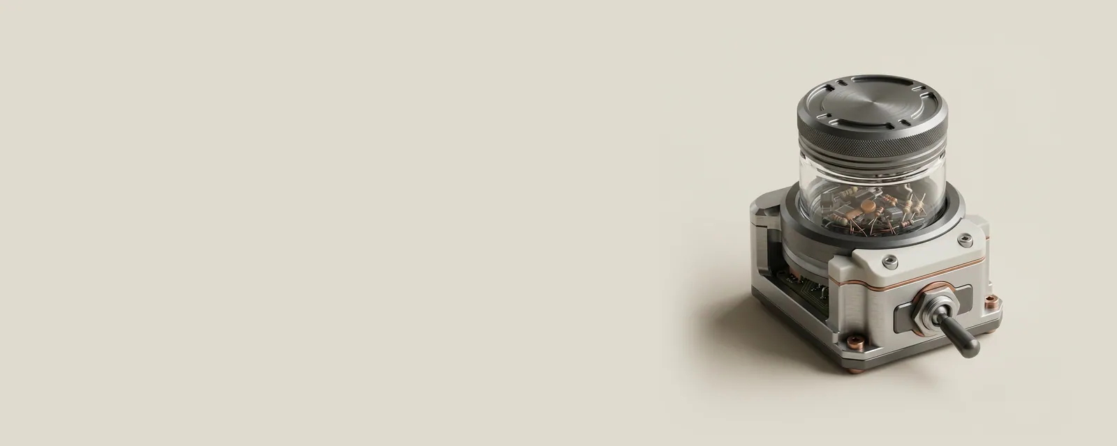 Studio render of a small glass storage jar with a machined aluminium lid and a toggle switch set into its base