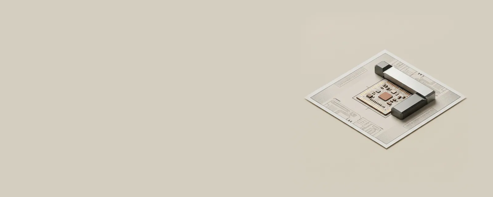 Studio render of a single printed page lying flat with a small rectangular patch being aligned into place by a short steel square