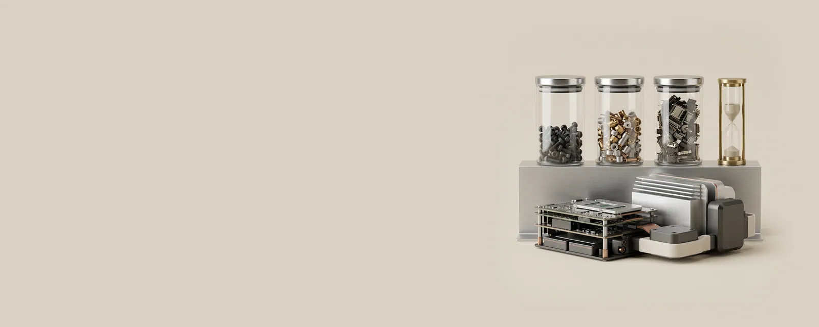 Studio render of three glass canisters with different fill levels on a shelf beside a slim brass sand timer