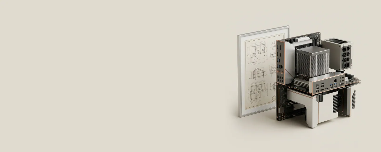 Studio render of a framed architectural print in a thin aluminium frame, a small registration seal on its corner