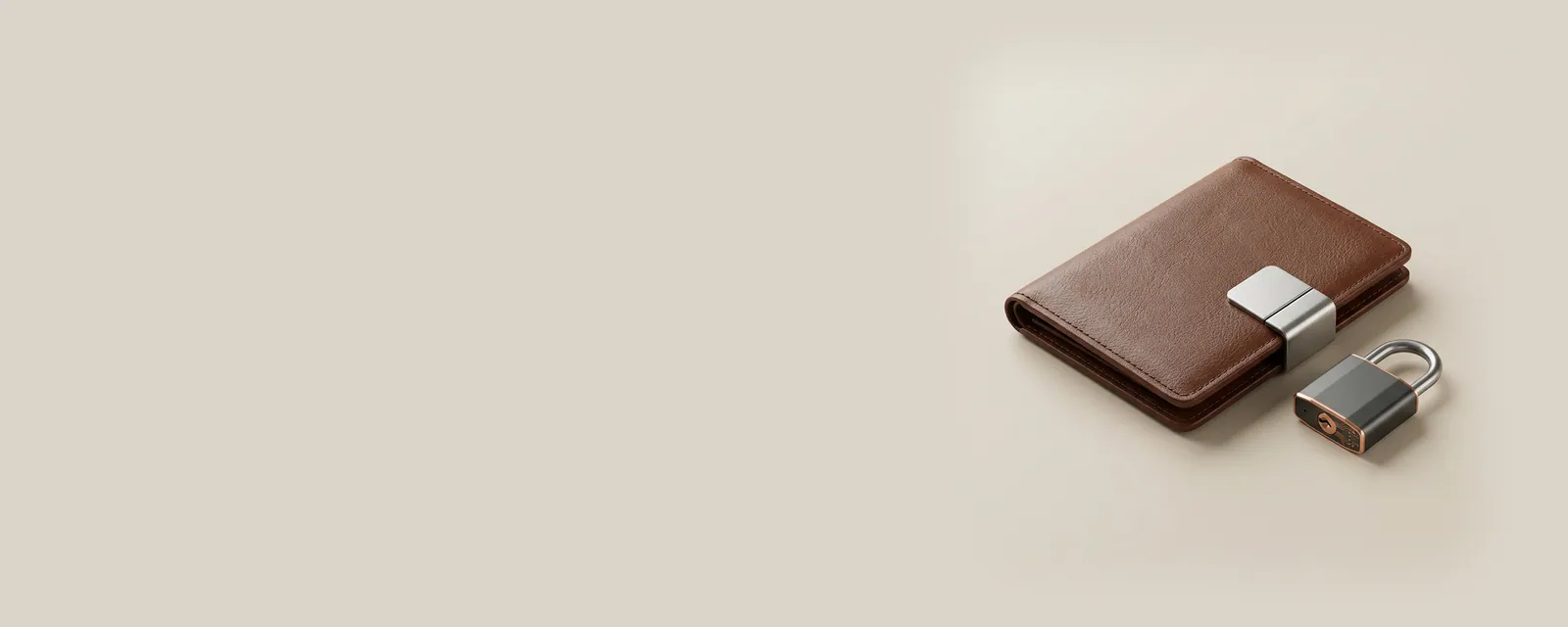 Studio render of a closed leather wallet held shut by a steel clasp, set beside a small closed padlock