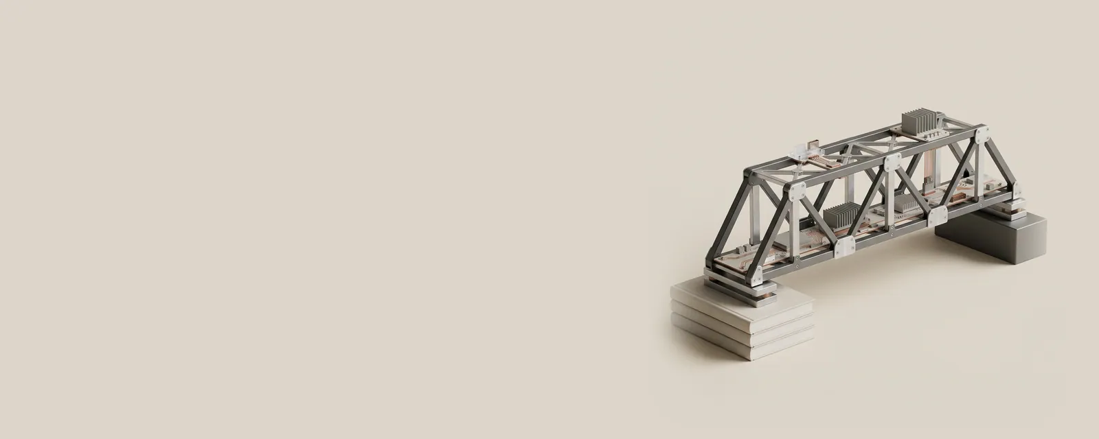 Studio render of a precise steel truss bridge spanning from a small stack of books to a distant plinth