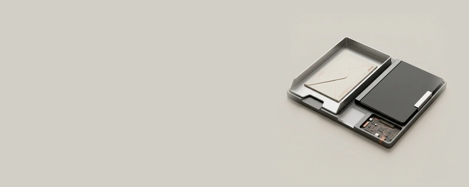 Studio render of an aluminium letter tray holding one sealed request card, an empty folder beside it ready to receive