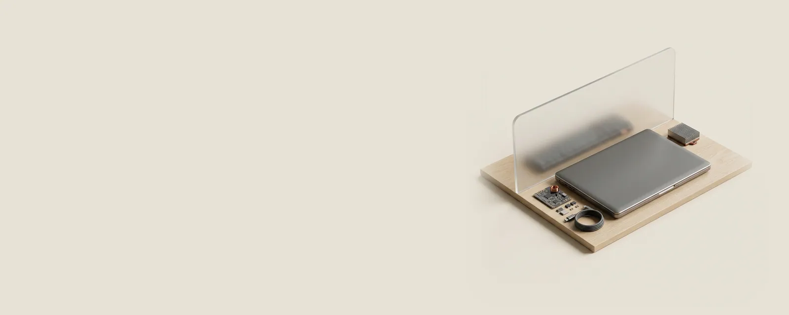 Studio render of a frosted glass partition half covering a closed matte notebook on a pale oak desk