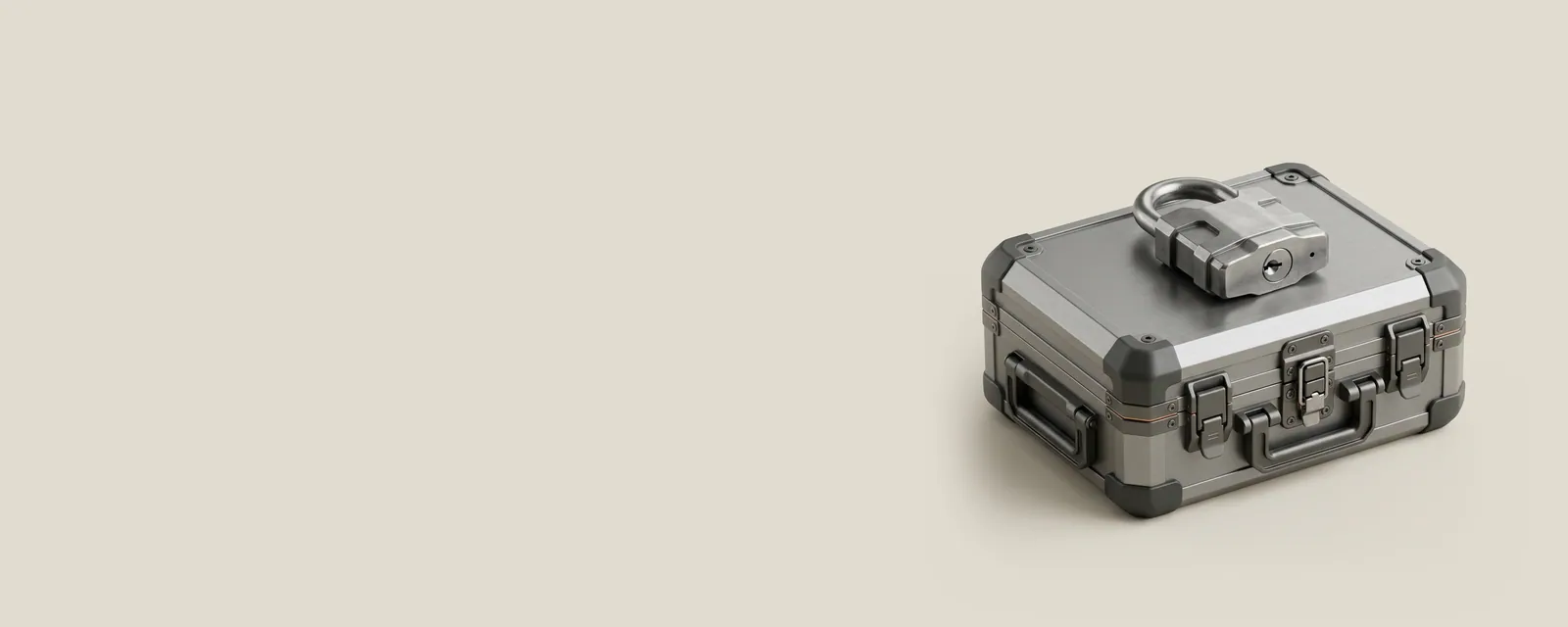 Studio render of a machined steel padlock resting on top of a closed aluminium equipment case
