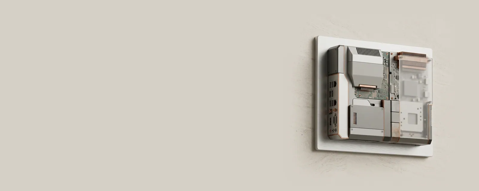 Studio render of a brushed aluminium wall plaque with no markings mounted on a pale stone wall