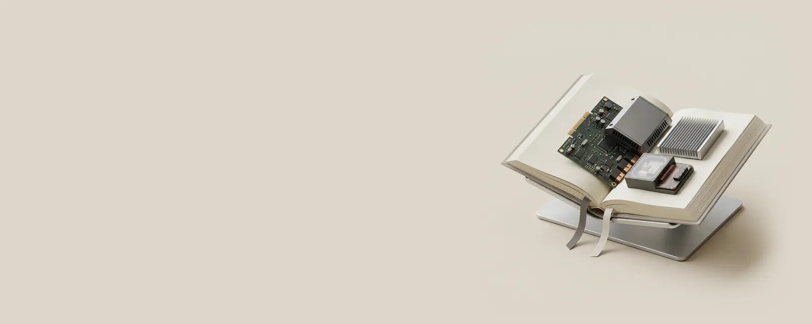 Studio render of an open hardback on a slim aluminium reading stand with two fabric bookmark ribbons